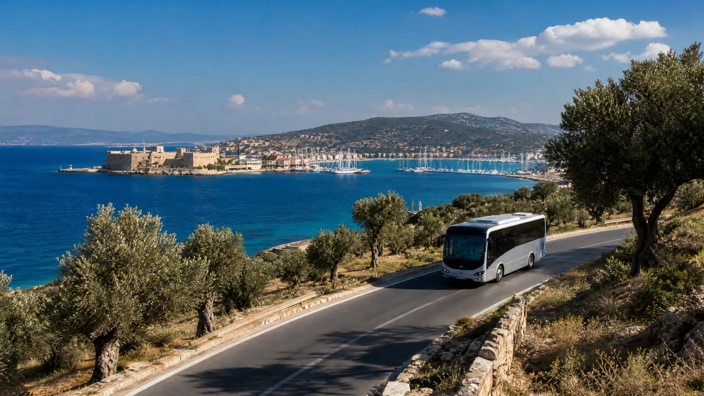 Çandarlı yolunda ESHOT otobüsü ve kıyı yolu